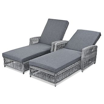 BAOURE Outdoor Wicker Reclining Chaise Lounge Set with Armrests and Cushions for Patio Poolside