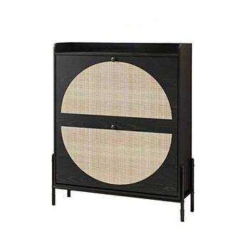 2-Drawer Wooden Shoe Cabinet with Rattan Doors, Black