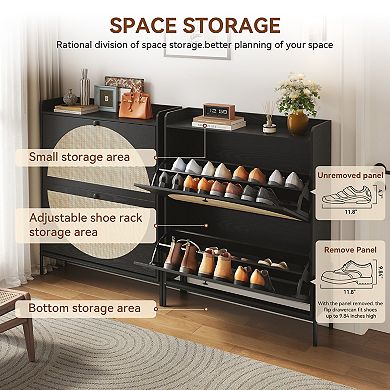 2-Drawer Wooden Shoe Cabinet with Rattan Doors, Black