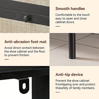 2-Drawer Wooden Shoe Cabinet with Rattan Doors, Black