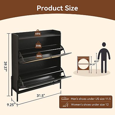 2-Drawer Wooden Shoe Cabinet with Rattan Doors, Black