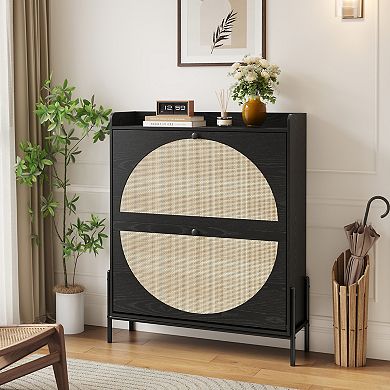 2-Drawer Wooden Shoe Cabinet with Rattan Doors, Black