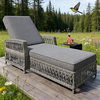 BAOURE Outdoor Wicker Patio Chaise Lounge with Armrests and Four Position Adjustable Backrest