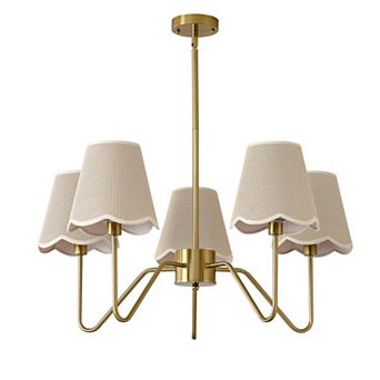 BAOURE Gold 31 Inch 5 Light Boho Farmhouse Chandelier with Scalloped Rattan Shades