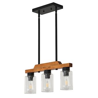 BAOURE Solid Wood 3 Light Kitchen Island Pendant Matte Black Farmhouse Seeded Glass Chandelier