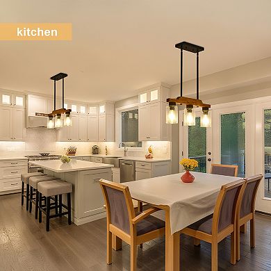 BAOURE Solid Wood 3 Light Kitchen Island Pendant Matte Black Farmhouse Seeded Glass Chandelier