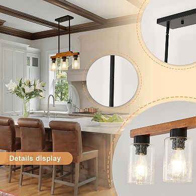 BAOURE Solid Wood 3 Light Kitchen Island Pendant Matte Black Farmhouse Seeded Glass Chandelier