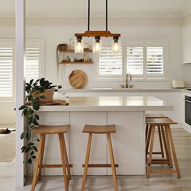 BAOURE Solid Wood 3 Light Kitchen Island Pendant Matte Black Farmhouse Seeded Glass Chandelier