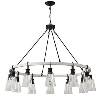 BAOURE 12 Light Farmhouse Wagon Wheel Chandelier with Seeded Glass and White Wood Finish