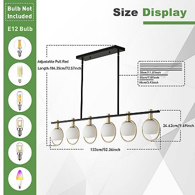 BAOURE 52 Inch Modern Black and Gold 6 Light Linear Kitchen Island Chandelier with Glass Globes