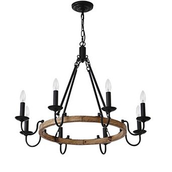8-Light Farmhouse Wagon Wheel Chandelier, Rustic Wood Black Metal Statement Piece
