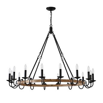 BAOURE 47 Inch 16 Light Wood and Metal Wagon Wheel Chandelier for High Ceiling Dining Room