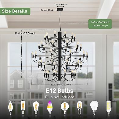 40" Modern 50 Light Multi-Tiered Chandelier, Large Metal Pendant for High Ceilings