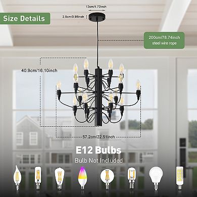 18 Light Matte Black Modern Farmhouse Metal Candle Chandelier with Adjustable Wire