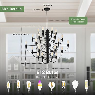 31" Wide 30 Light Modern Industrial Metal Candle Chandelier with Adjustable Hanging Wire