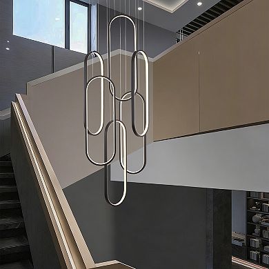 BAOURE Modern Aluminum Six Ring LED Dimmable High Ceiling Chandelier Pendant Lighting