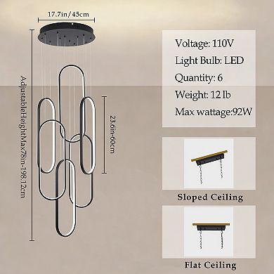 BAOURE Modern Aluminum Six Ring LED Dimmable High Ceiling Chandelier Pendant Lighting