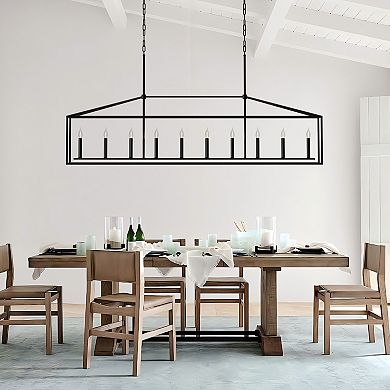 BAOURE Beautiful Matte Black Ten Light Linear Chandelier For Large Dining Rooms And Kitchens