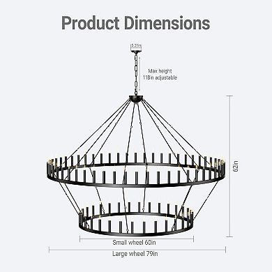 BAOURE Matte Black Eighty Light Extra Large Two Tier Farmhouse Wagon Wheel Chandelier