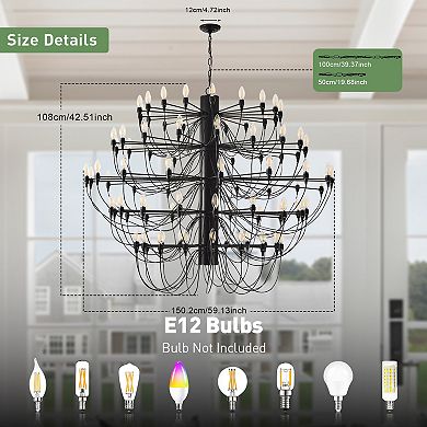 Modern 90-Light Pinecone Tiered Chandelier, 59" Extra Large Metal High Ceiling Fixture