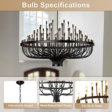BAOURE Matte Black Metal Modern Farmhouse Wagon Wheel Chandelier 96 Light For High Ceiling