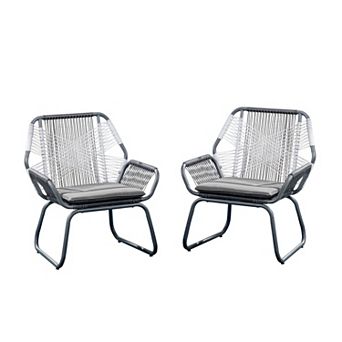 BAOURE Gray Outdoor Woven Rattan Club Chairs Set of 2 with Metal Frame and Padded Seat Cushions
