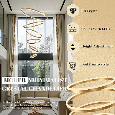 BAOURE Modern Crystal Six Ring LED Chandelier Adjustable Dimmable Ceiling Light Fixture