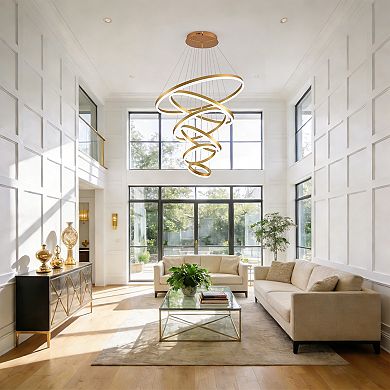 BAOURE Modern Crystal Six Ring LED Chandelier Adjustable Dimmable Ceiling Light Fixture