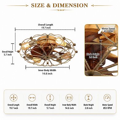 BAOURE ABS Modern Industrial Caged Ceiling Fan with Lights and Remote Control