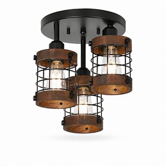BAOURE Black Brown Metal And Wood 3 Light Semi Flush Mount Ceiling Light For Hallway Kitchen Bedroom