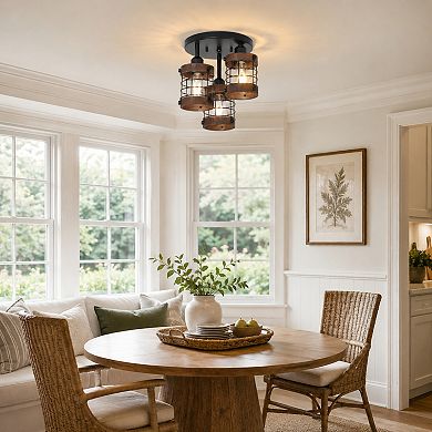 BAOURE Black Brown Metal And Wood 3 Light Semi Flush Mount Ceiling Light For Hallway Kitchen Bedroom