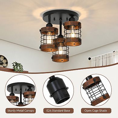 BAOURE Black Brown Metal And Wood 3 Light Semi Flush Mount Ceiling Light For Hallway Kitchen Bedroom