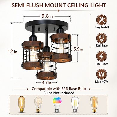 BAOURE Black Brown Metal And Wood 3 Light Semi Flush Mount Ceiling Light For Hallway Kitchen Bedroom
