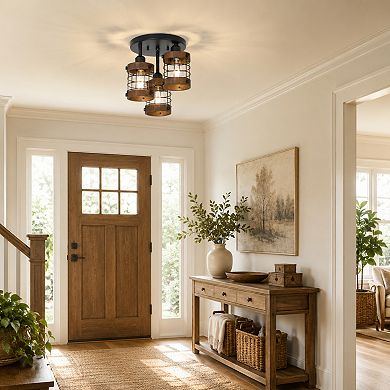 BAOURE Black Brown Metal And Wood 3 Light Semi Flush Mount Ceiling Light For Hallway Kitchen Bedroom