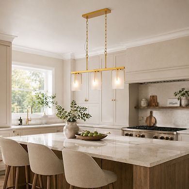 BAOURE Metal and Frosted Glass 3 Light Linear Pendant Chandelier Adjustable Height