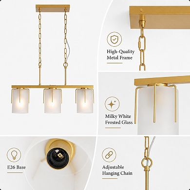 BAOURE Metal and Frosted Glass 3 Light Linear Pendant Chandelier Adjustable Height