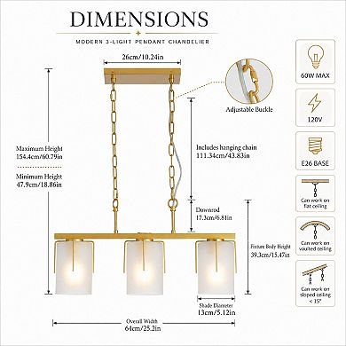 BAOURE Metal and Frosted Glass 3 Light Linear Pendant Chandelier Adjustable Height