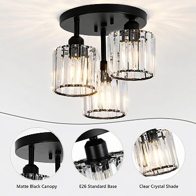 BAOURE Crystal Modern Sleek 3 Light Semi Flush Mount Ceiling Light For Home Spaces