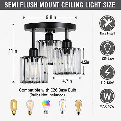 BAOURE Crystal Modern Sleek 3 Light Semi Flush Mount Ceiling Light For Home Spaces