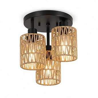 BAOURE Rattan and Metal 3 Light Semi Flush Mount Ceiling Light for Hallway Bedroom