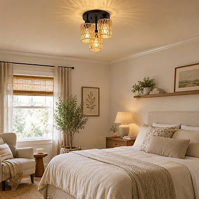 BAOURE Rattan and Metal 3 Light Semi Flush Mount Ceiling Light for Hallway Bedroom