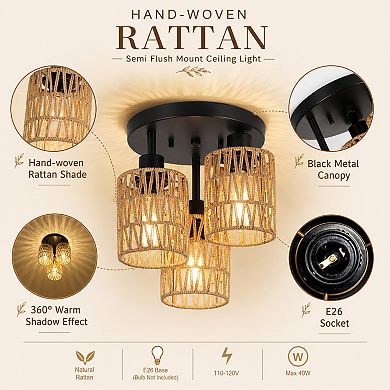 BAOURE Rattan and Metal 3 Light Semi Flush Mount Ceiling Light for Hallway Bedroom