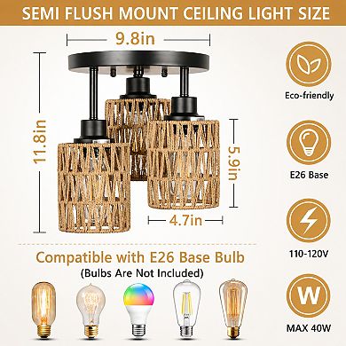 BAOURE Rattan and Metal 3 Light Semi Flush Mount Ceiling Light for Hallway Bedroom