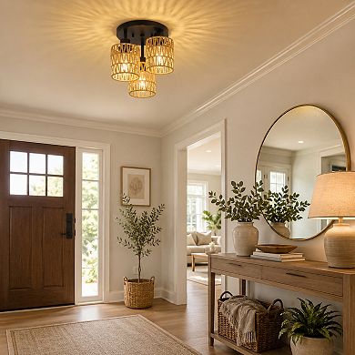 BAOURE Rattan and Metal 3 Light Semi Flush Mount Ceiling Light for Hallway Bedroom