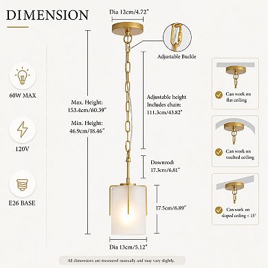 BAOURE Glass And Metal Modern Pendant Light Adjustable Height E26 Base For Home Use