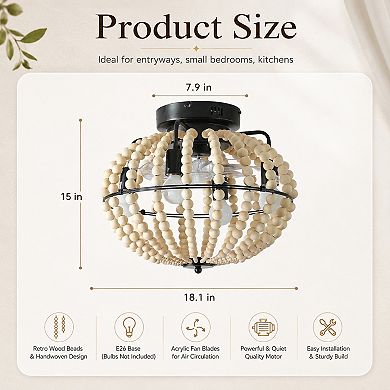 BAOURE Iron Boho 18 Inch Flush Mount Ceiling Fan Light with Reversible Motor