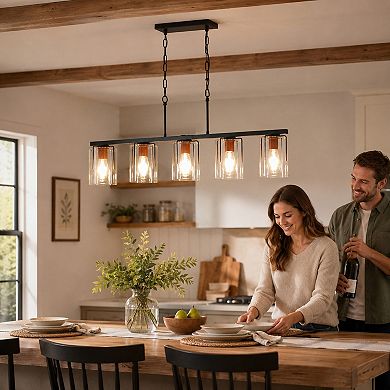 BAOURE Glass Metal 5 Light Linear Chandelier Adjustable Height E26 Base