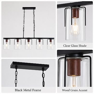 BAOURE Glass Metal 5 Light Linear Chandelier Adjustable Height E26 Base