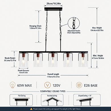 BAOURE Glass Metal 5 Light Linear Chandelier Adjustable Height E26 Base