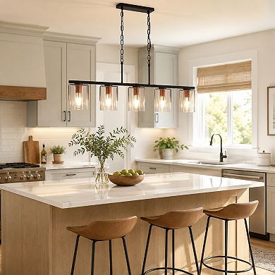 BAOURE Glass Metal 5 Light Linear Chandelier Adjustable Height E26 Base